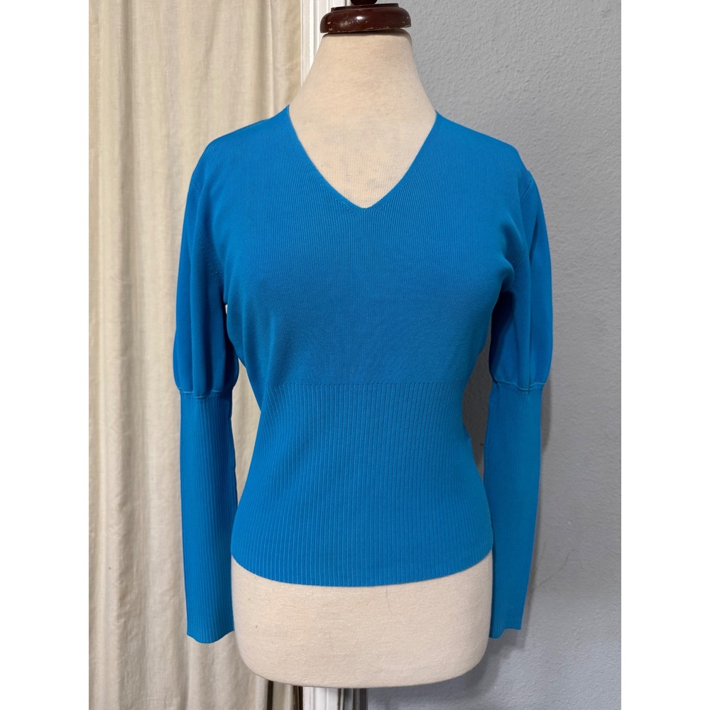 Cyrus Womens Blue V-Neck‎ Ribbed Top Size M Puff Shoulder Long Sleeve Minimalist